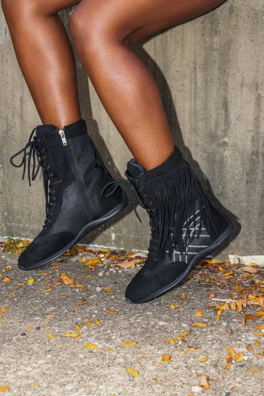 AZALEA WANG ZITHER BLACK FLAT FRINGE BOOTIE sold by AKIRA