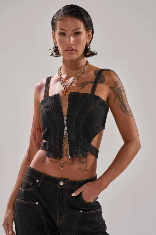 HARDEST TO LOVE DENIM CORSET sold by AKIRA