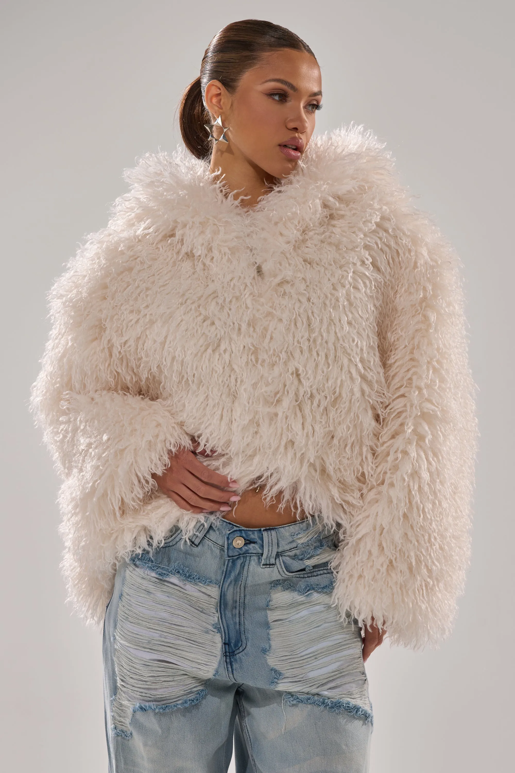 LOOK AT ME NOW HOODED FUR BOMBER IN IVORY sold by AKIRA product image thumbnail 5