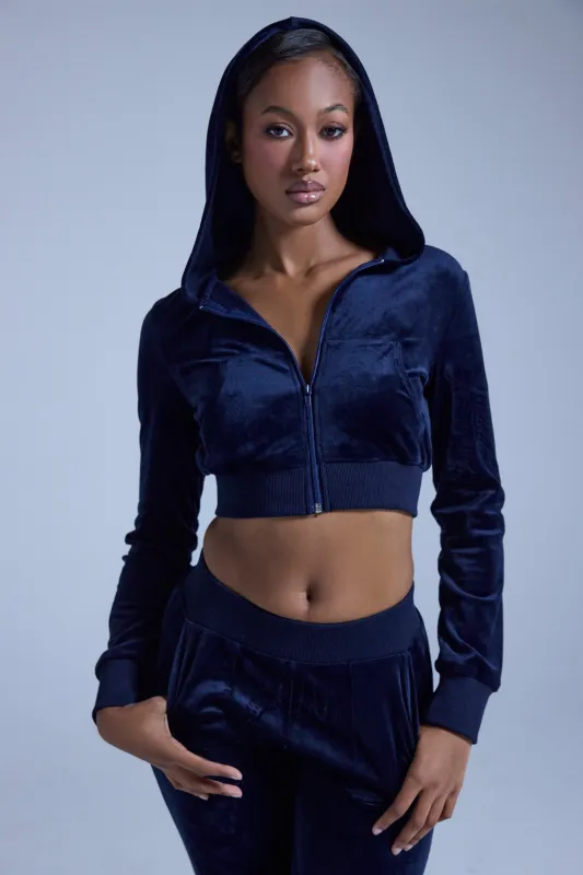 TAYLOR VELOUR FITTED ZIP UP IN NAVY sold by AKIRA