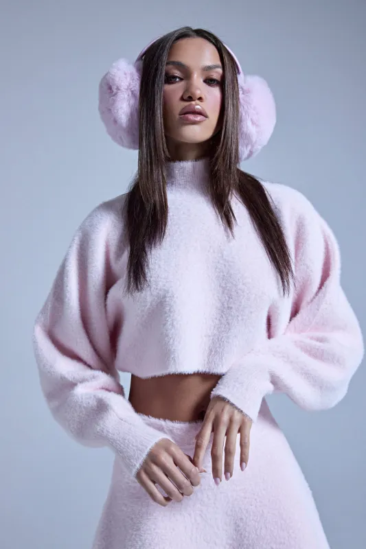 CUDDLE UP FUZZY CROPPED SWEATER IN PINK sold by AKIRA