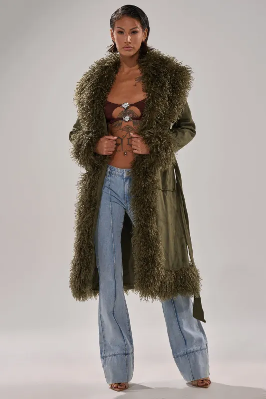JADE FUR TRIM TRENCH sold by AKIRA