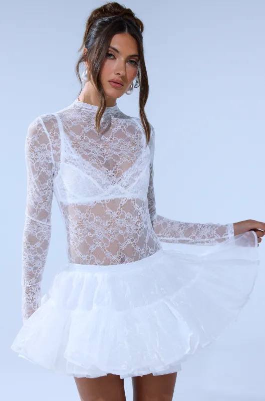 EVERYDAY MOCK NECK LACE BODYSUIT IN WHITE sold by AKIRA