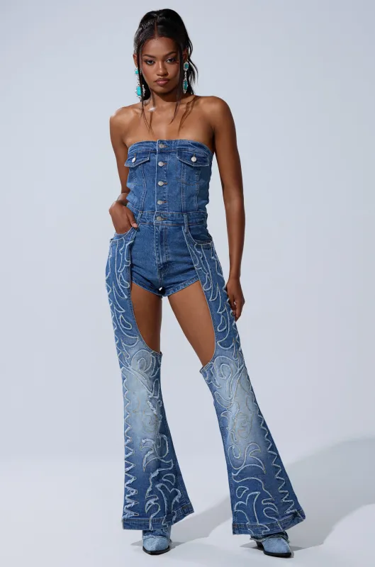 THROW DOWN DENIM JUMPSUIT WITH CHAPS sold by AKIRA