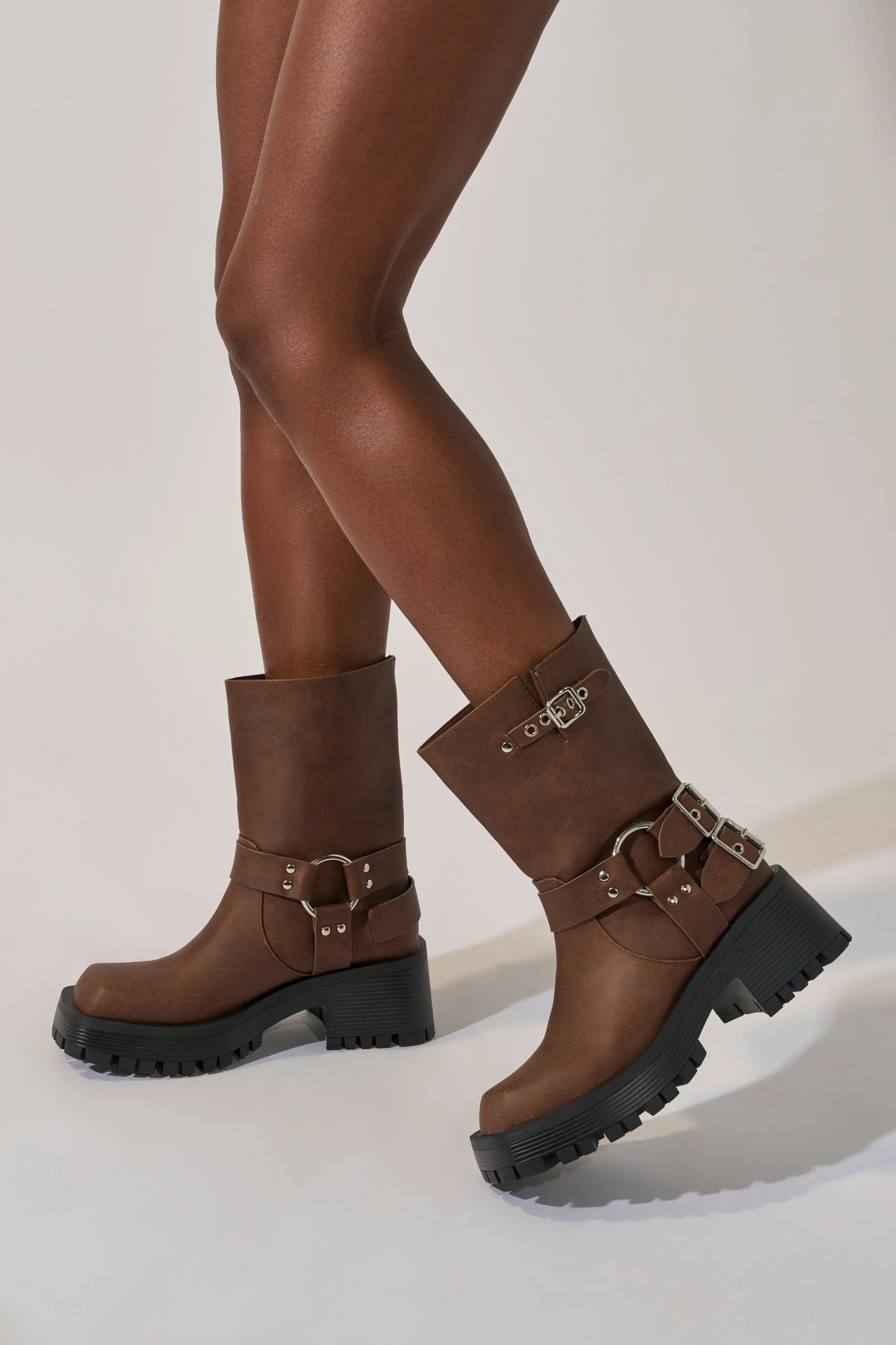 AZALEA WANG BUCKED BROWN CHUNKY HEEL COMBAT BOOTIE sold by AKIRA product image thumbnail 2