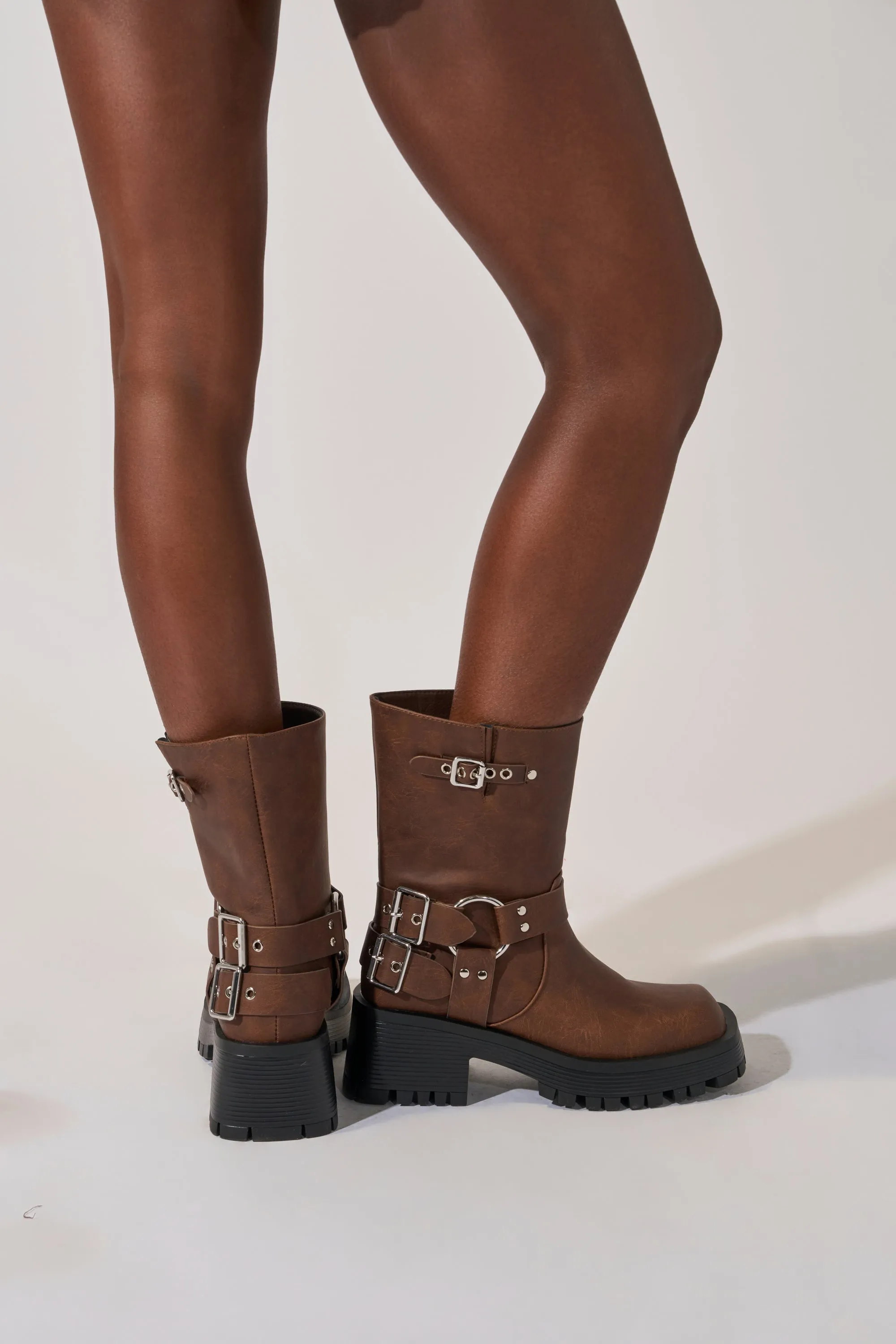 AZALEA WANG BUCKED BROWN CHUNKY HEEL COMBAT BOOTIE sold by AKIRA product image thumbnail 3