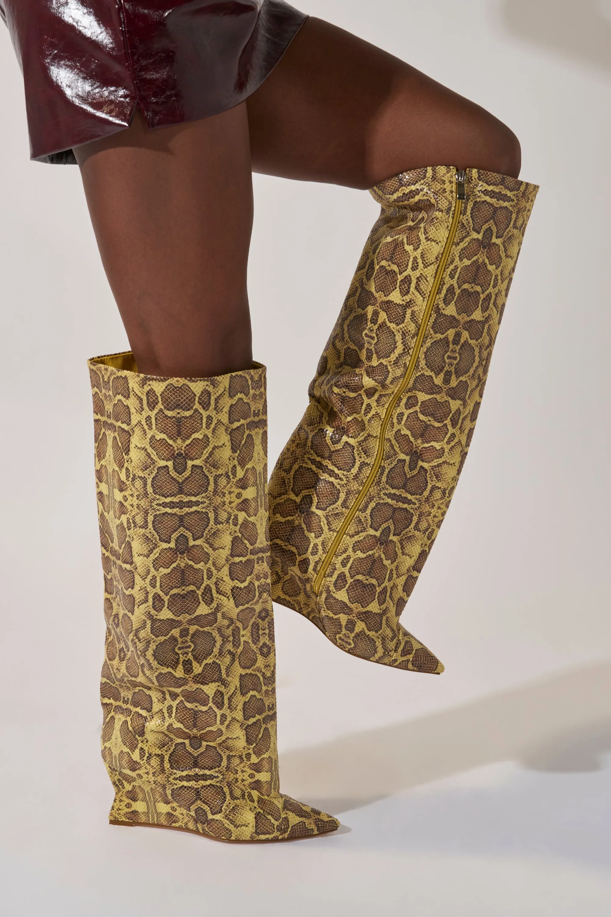 AZALEA WANG KENYA YELLOW SNAKE PRINT KNEE HIGH WEDGE BOOT sold by AKIRA product image thumbnail 2