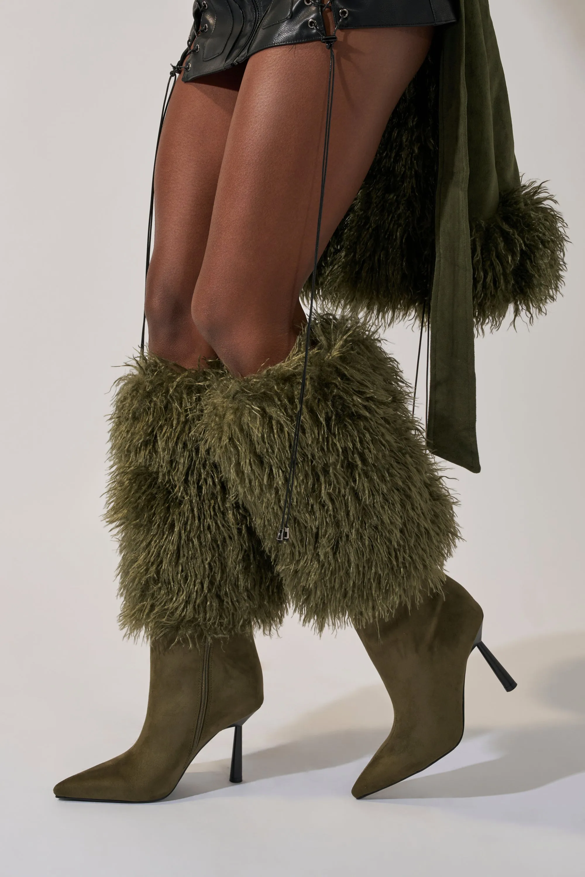 AZALEA WANG VENDRISS OLIVE STILETTO FUR BOOTIE sold by AKIRA