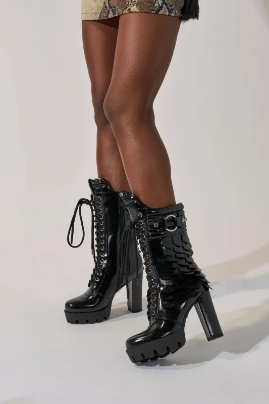 AZALEA WANG GERNOT BLACK LACE UP SCALED PLATFORM BOOTIE sold by AKIRA
