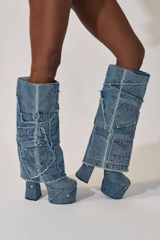 AZALEA WANG DUMI DENIM CHUNKY PATCHWORK BOOT sold by AKIRA