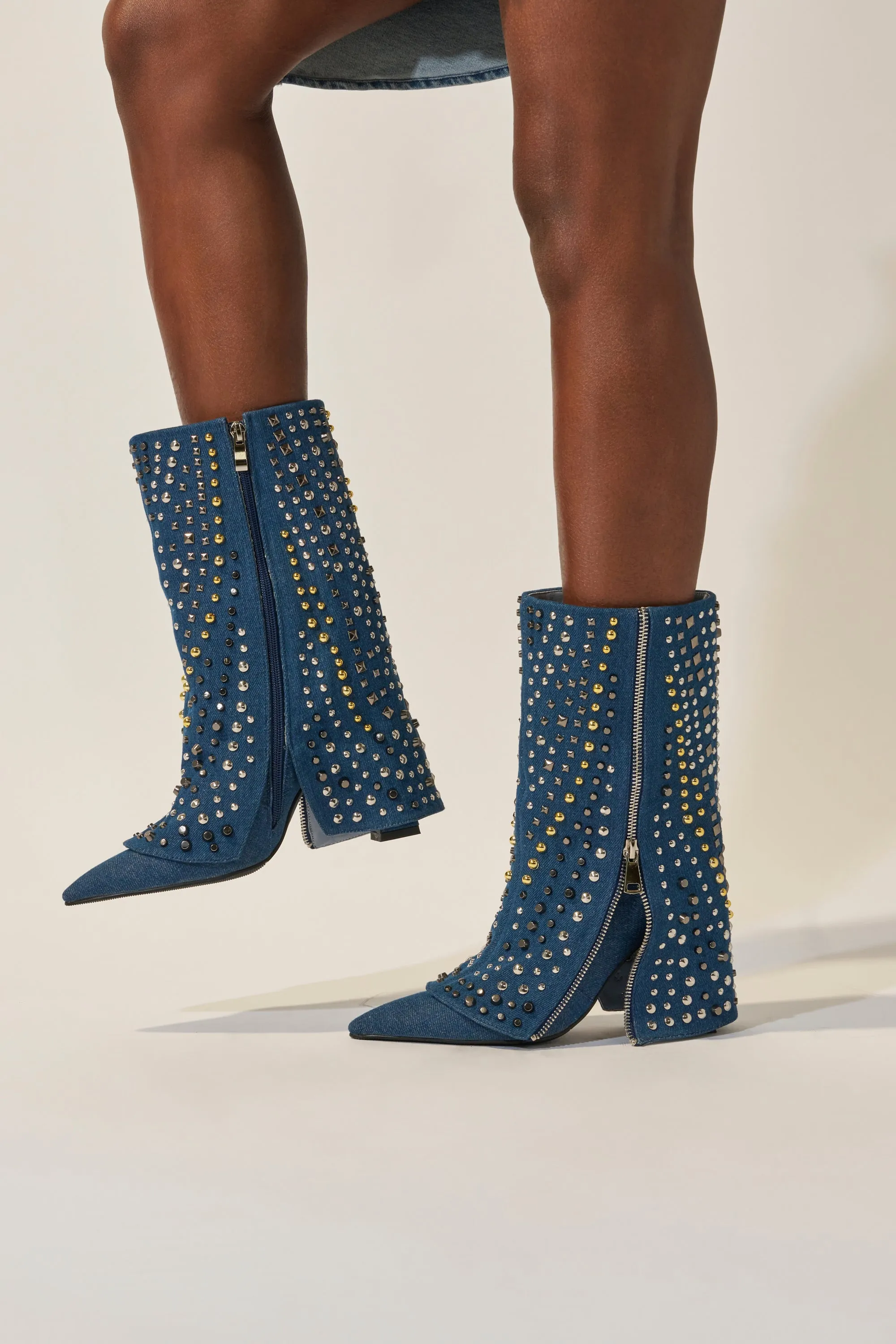 AZALEA WANG HENZI DENIM STUDDED CHUNKY BOOTIE sold by AKIRA