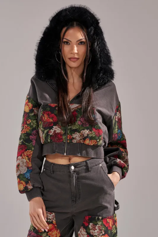 TRY ME FLORAL DENIM ZIP UP SWEATSHIRT sold by AKIRA