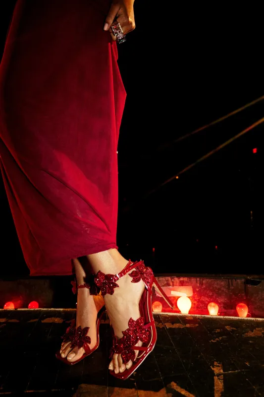 AZALEA WANG ROMI DARK CHERRY RHINESTONE FLORAL EMBELLISHED SANDAL sold by AKIRA