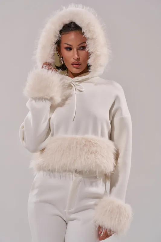 SNOW WHITE FUR TRIM SWEATSHIRT sold by AKIRA