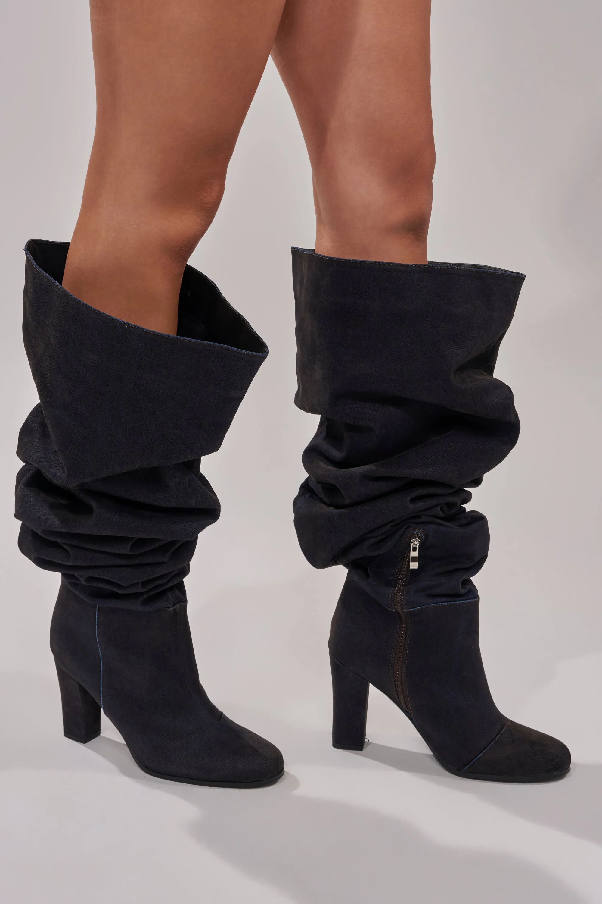 AZALEA WANG NANETTE BLACK DENIM SLOUCHY BLACK ROUND TOE CHUNKY BOOT sold by AKIRA product image thumbnail 4