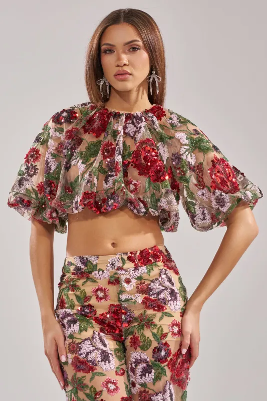 ENCHANTED GARDEN FLORAL EMBROIDERED TULLE TOP sold by AKIRA