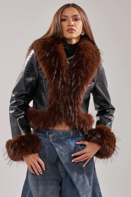 LUNNA FUR TRIM MOTO IN BLACK CROC sold by AKIRA