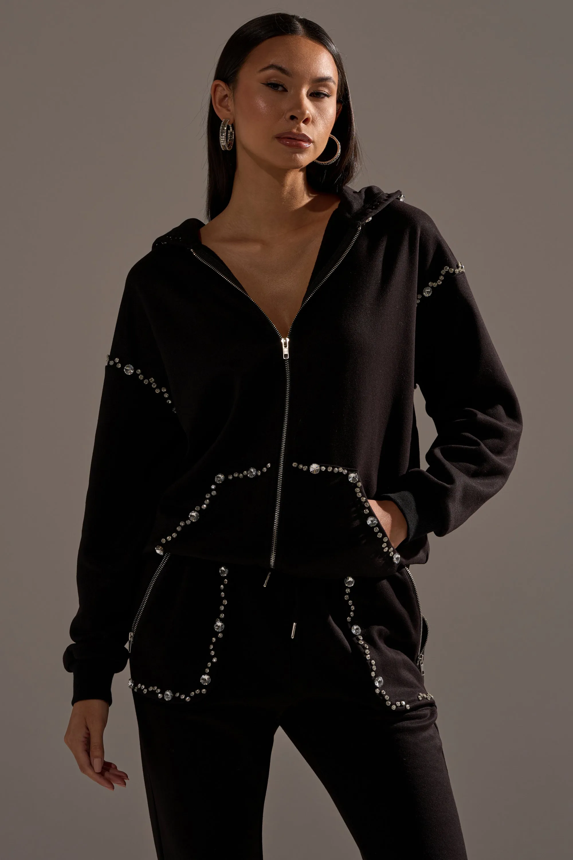 COZY HOLIDAY RHINESTONE ZIP UP SWEATSHIRT IN BLACK sold by AKIRA product image thumbnail 2