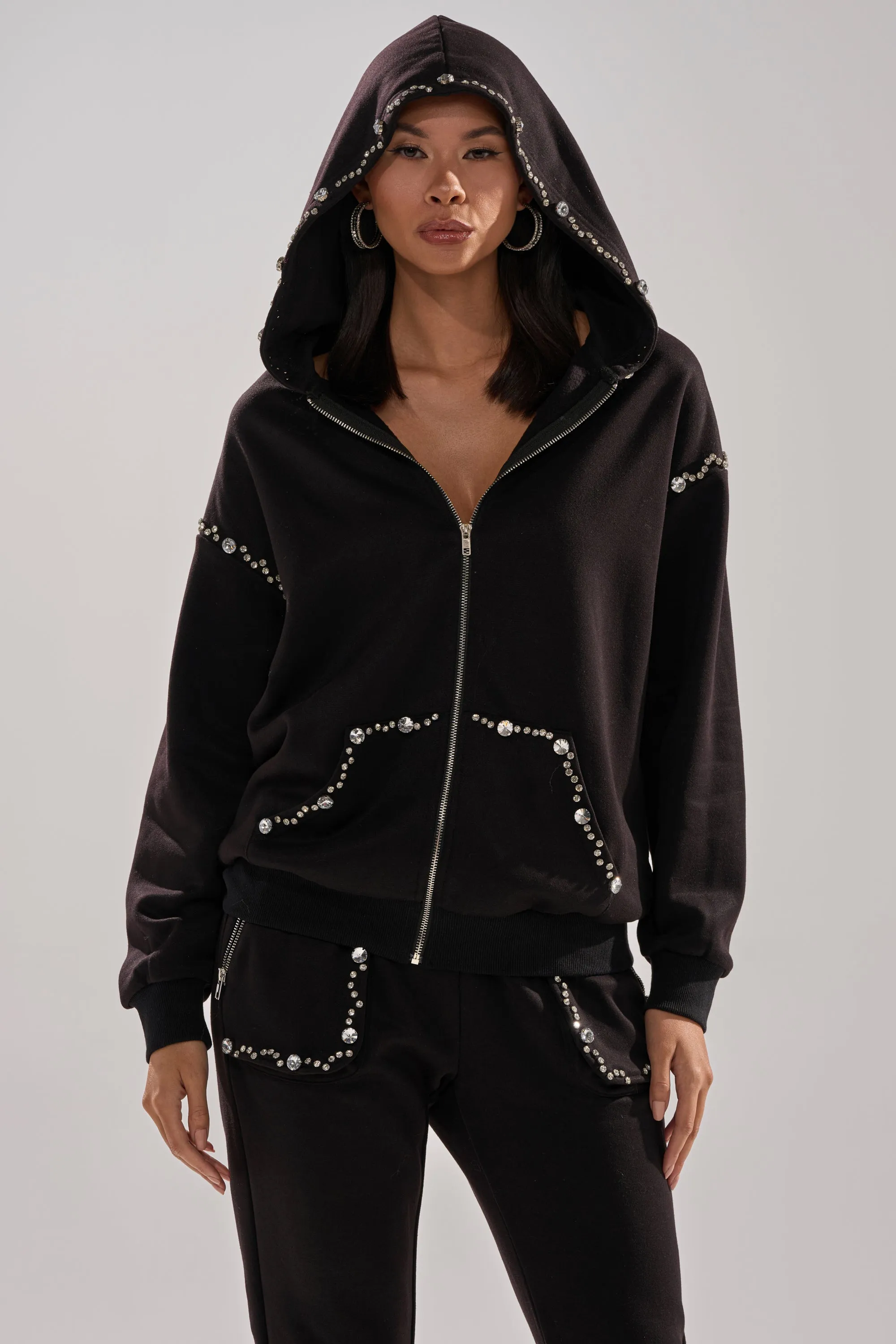 COZY HOLIDAY RHINESTONE ZIP UP SWEATSHIRT IN BLACK sold by AKIRA product image thumbnail 5
