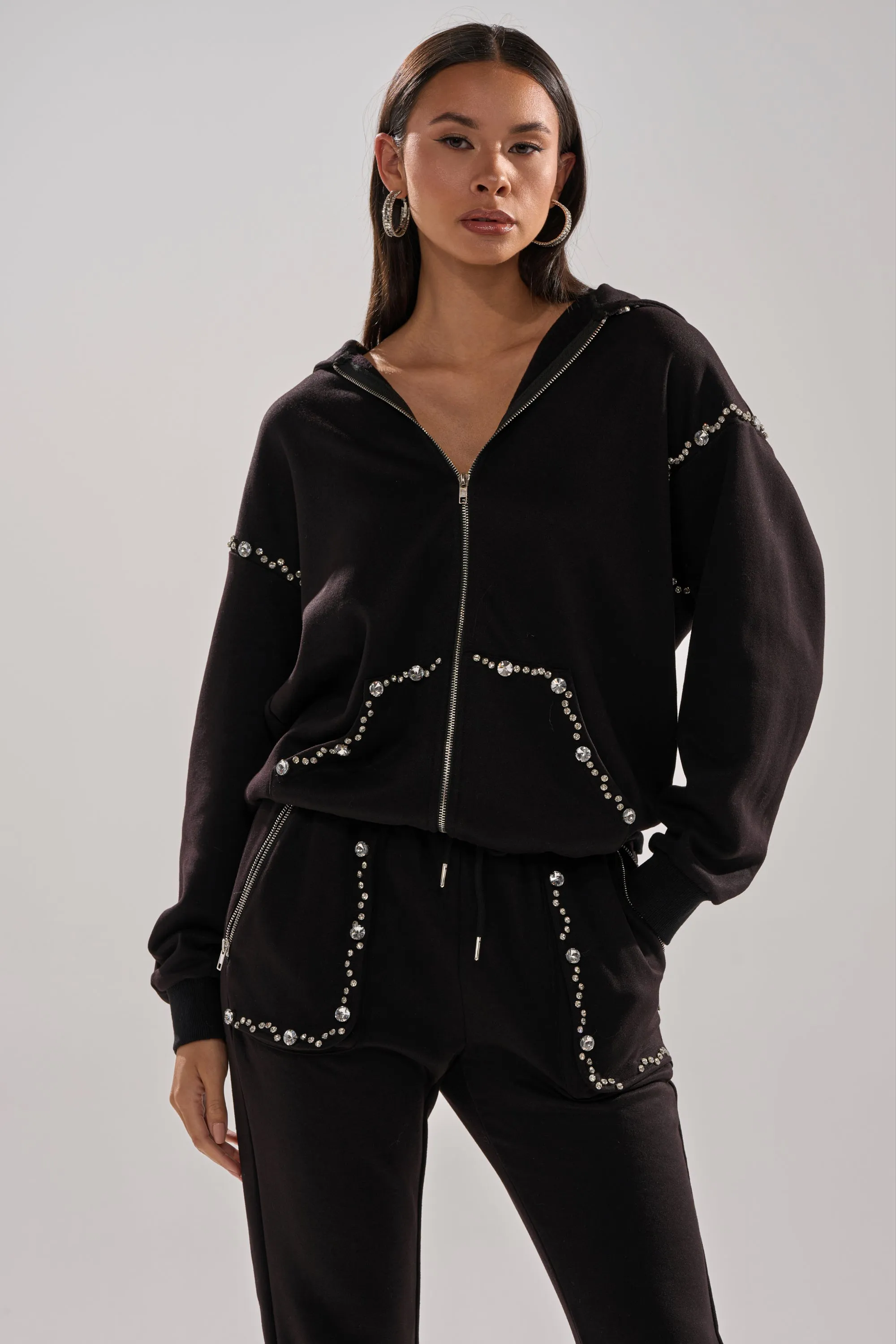 COZY HOLIDAY RHINESTONE ZIP UP SWEATSHIRT IN BLACK sold by AKIRA product image thumbnail 4