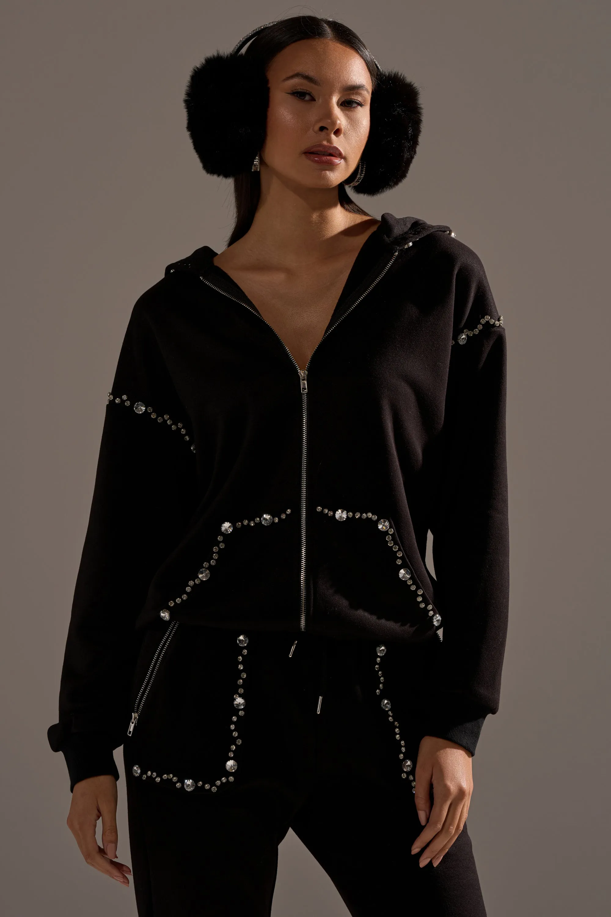 COZY HOLIDAY RHINESTONE ZIP UP SWEATSHIRT IN BLACK sold by AKIRA product image thumbnail 3