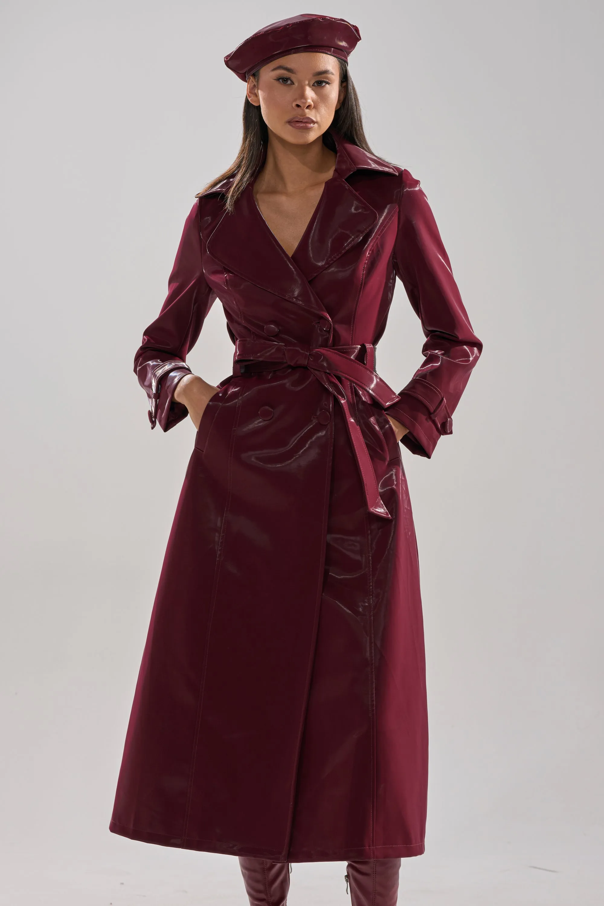 SANDO LIQUID VELVET TRENCH IN BURGUNDY sold by AKIRA product image thumbnail 3