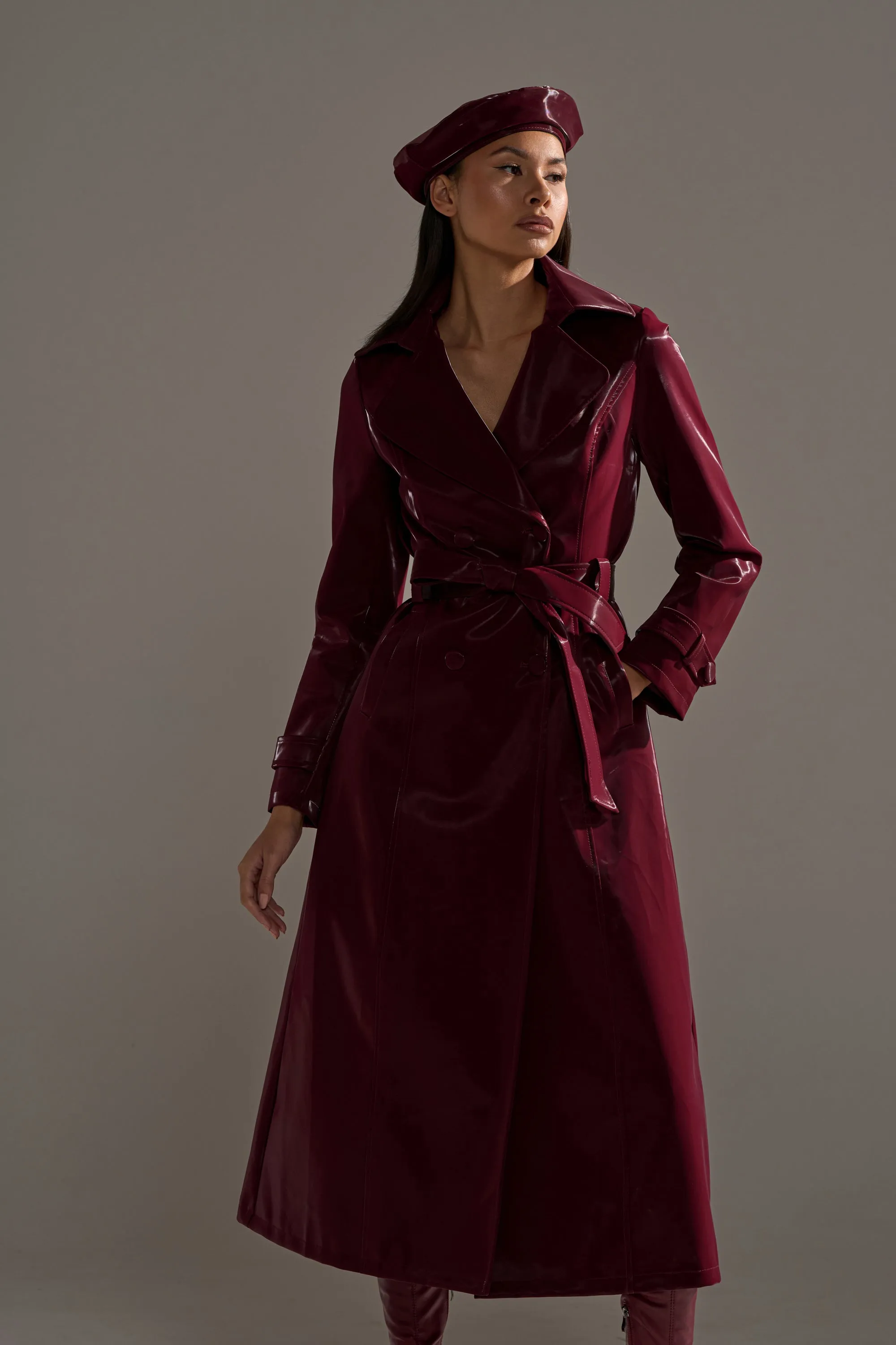 SANDO LIQUID VELVET TRENCH IN BURGUNDY sold by AKIRA product image thumbnail 2
