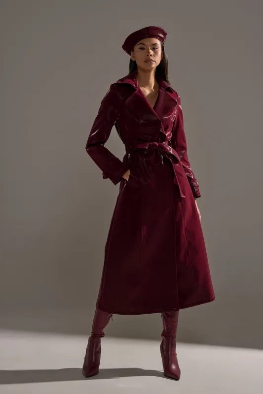 SANDO LIQUID VELVET TRENCH IN BURGUNDY sold by AKIRA