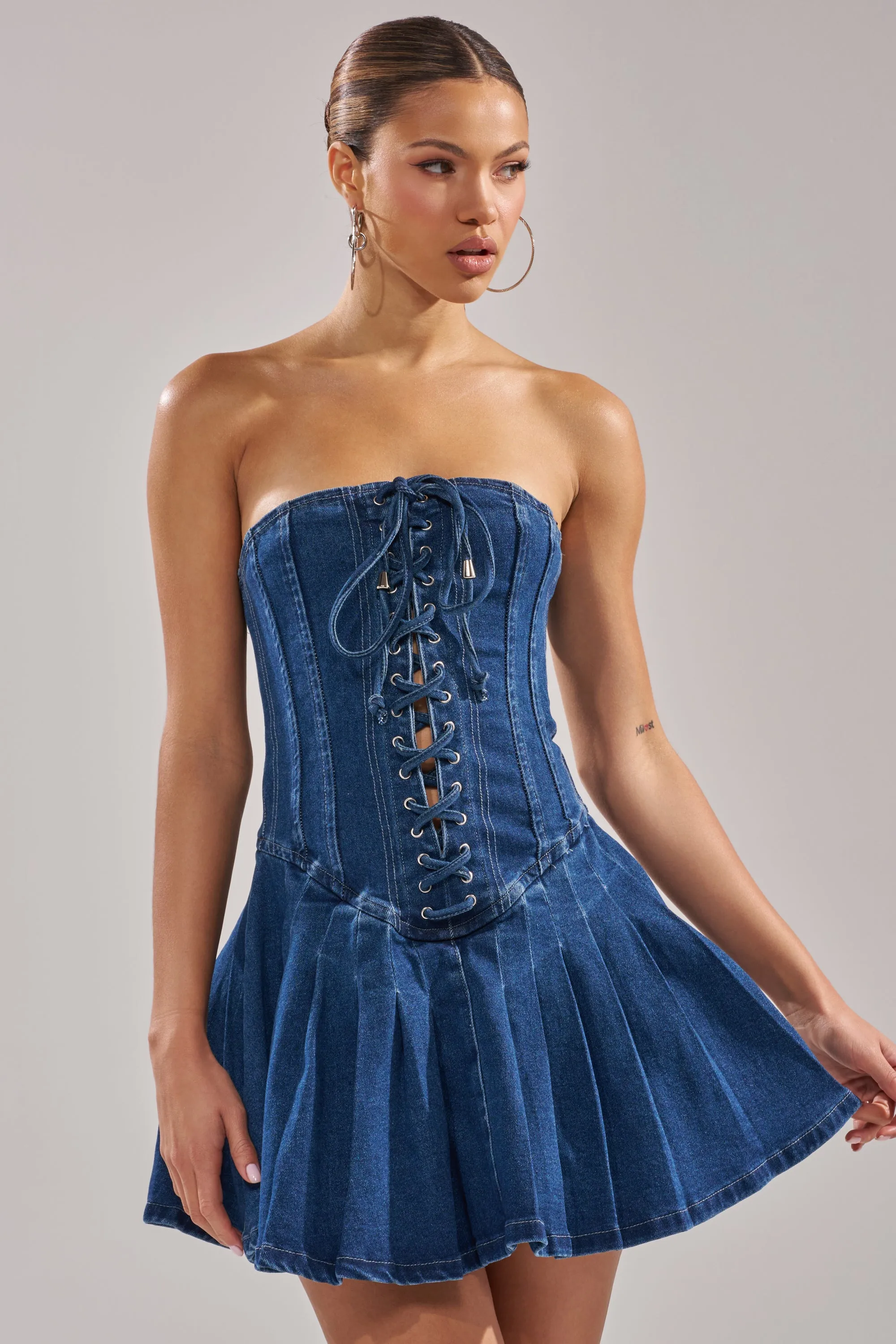 LACE ME UP DENIM MINI DRESS sold by AKIRA product image thumbnail 3