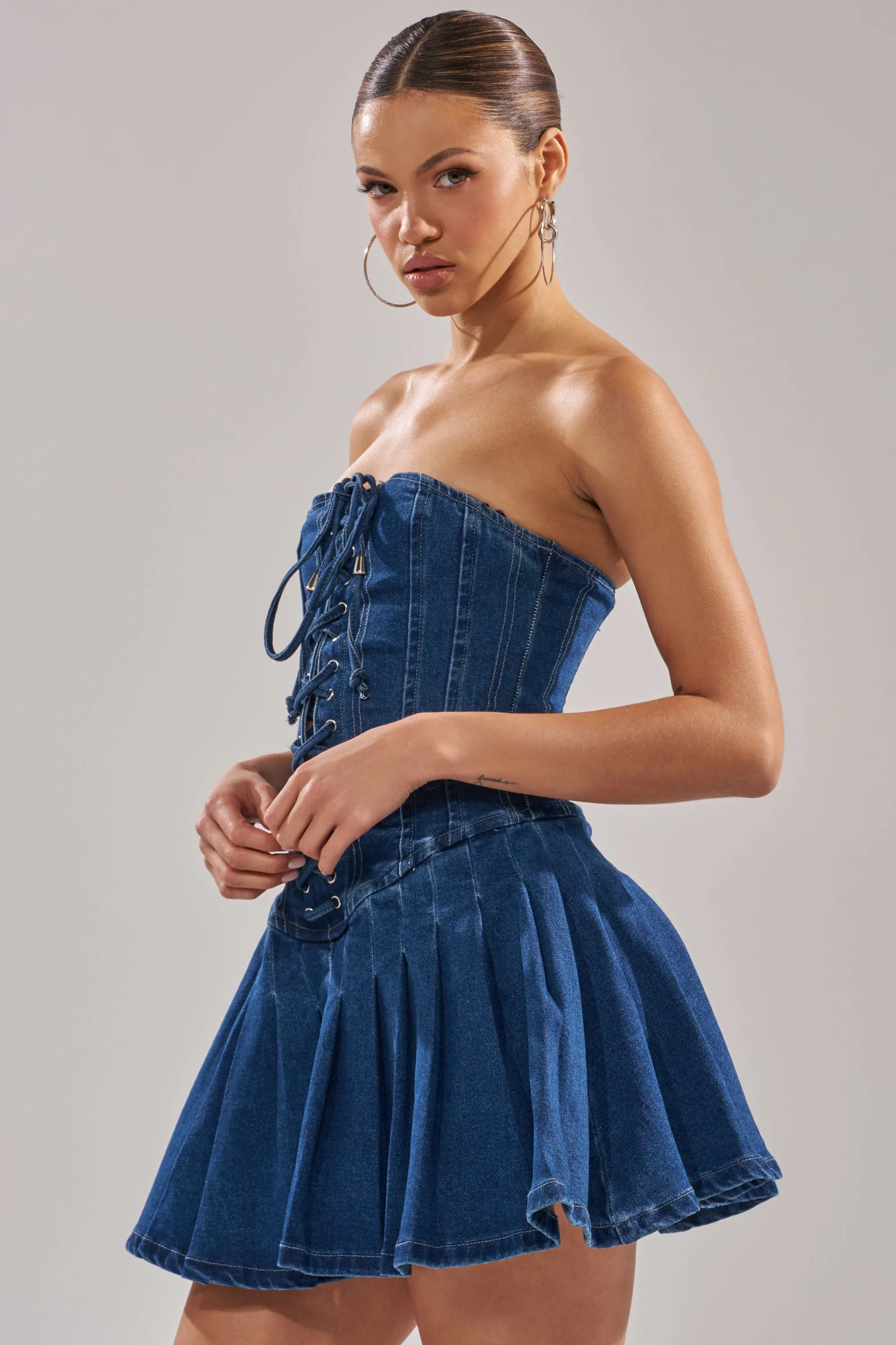 LACE ME UP DENIM MINI DRESS sold by AKIRA product image thumbnail 2