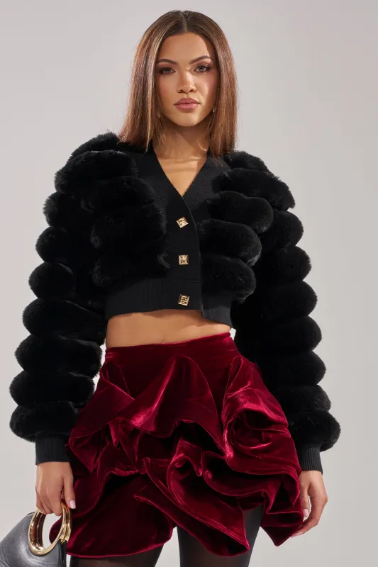 WILD HEART FAUX FUR CARDIGAN IN BLACK sold by AKIRA