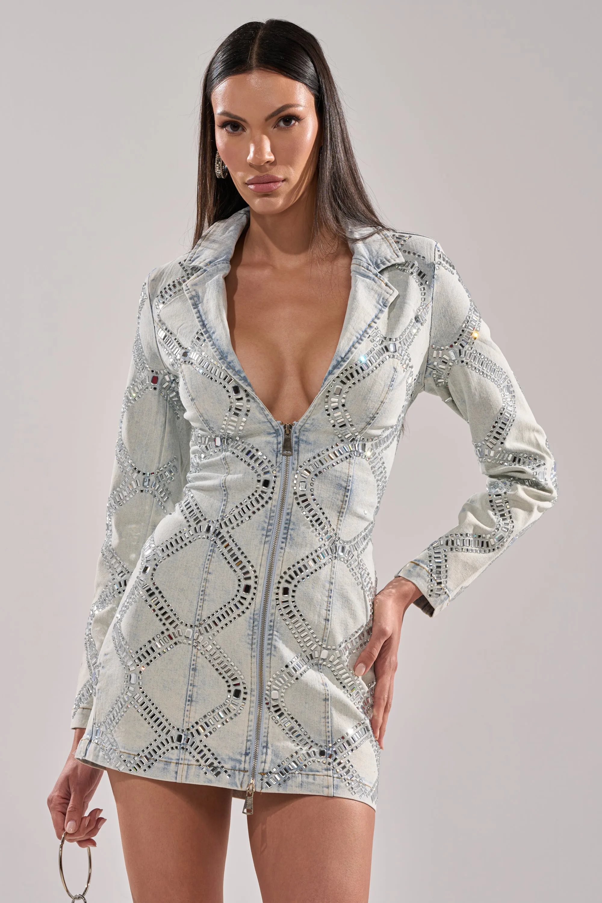 LOOK AT ME RHINESTONE BLAZER DRESS IN LIGHT BLUE DENIM sold by AKIRA