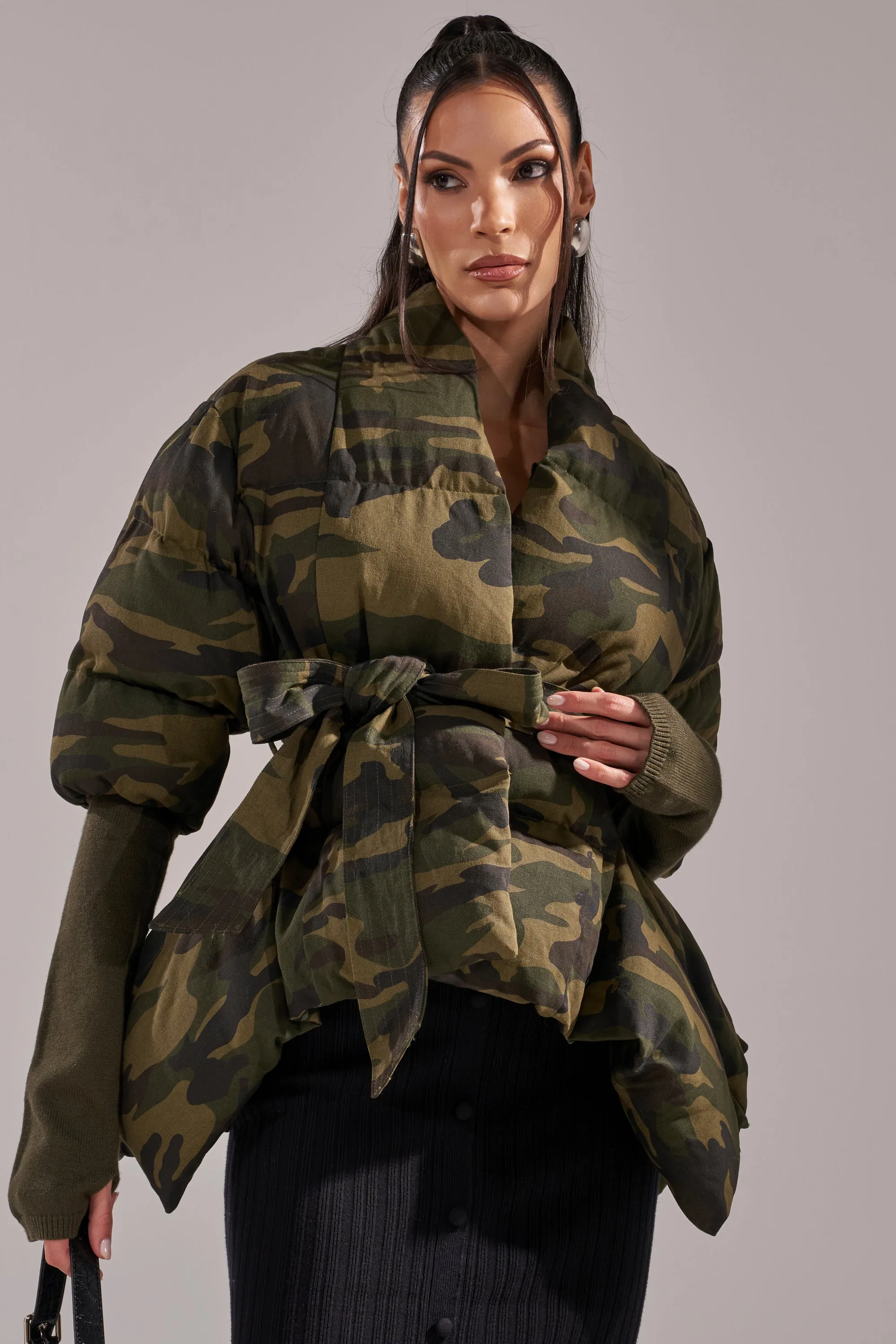 RIB SLEEVE PEPLUM PUFFER IN CAMO sold by AKIRA product image thumbnail 3