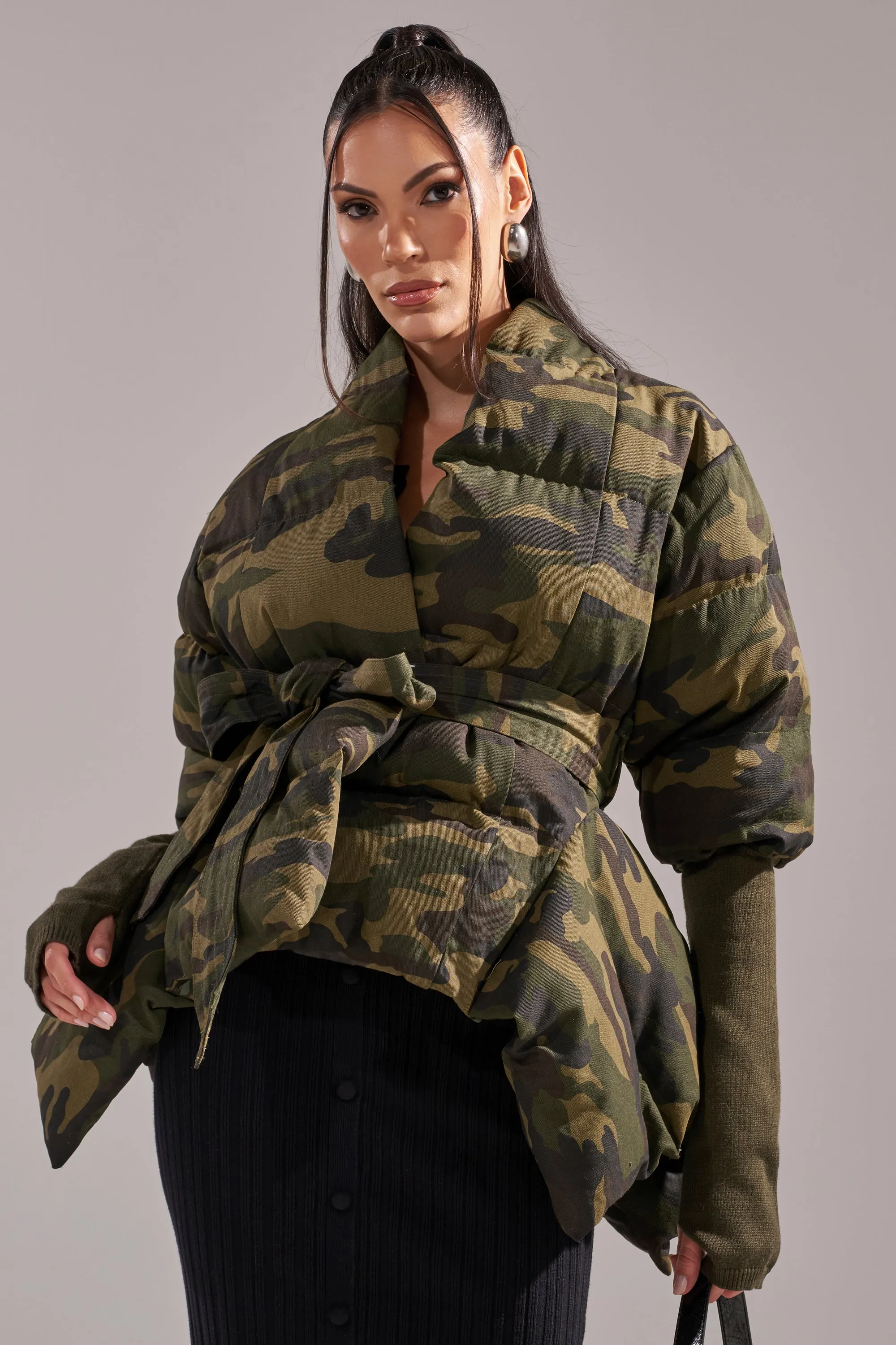 RIB SLEEVE PEPLUM PUFFER IN CAMO sold by AKIRA product image thumbnail 4