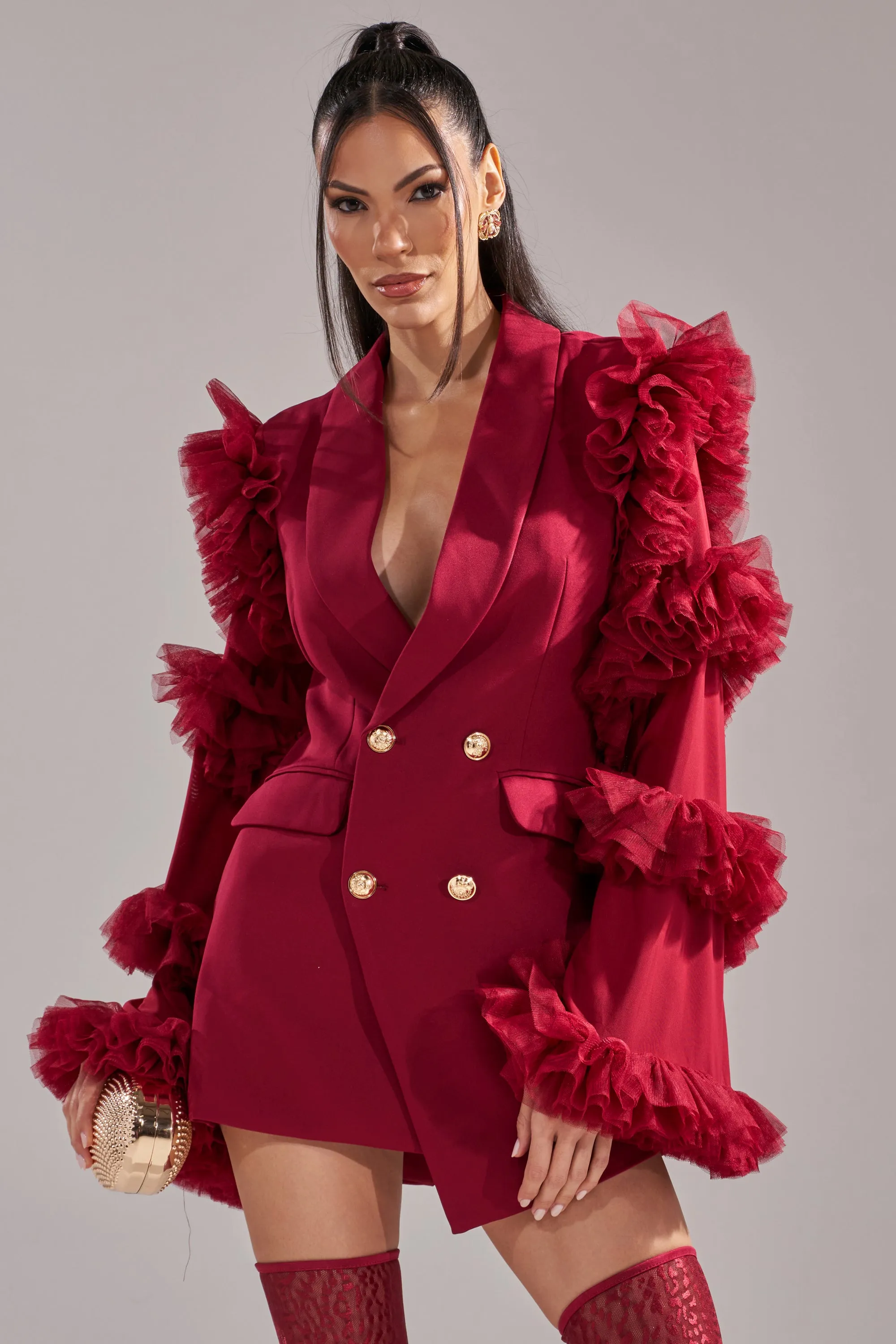 LIVING OVER THE TOP RUFFLE SLEEVE BLAZER MINI DRESS IN BURGUNDY sold by AKIRA product image thumbnail 3