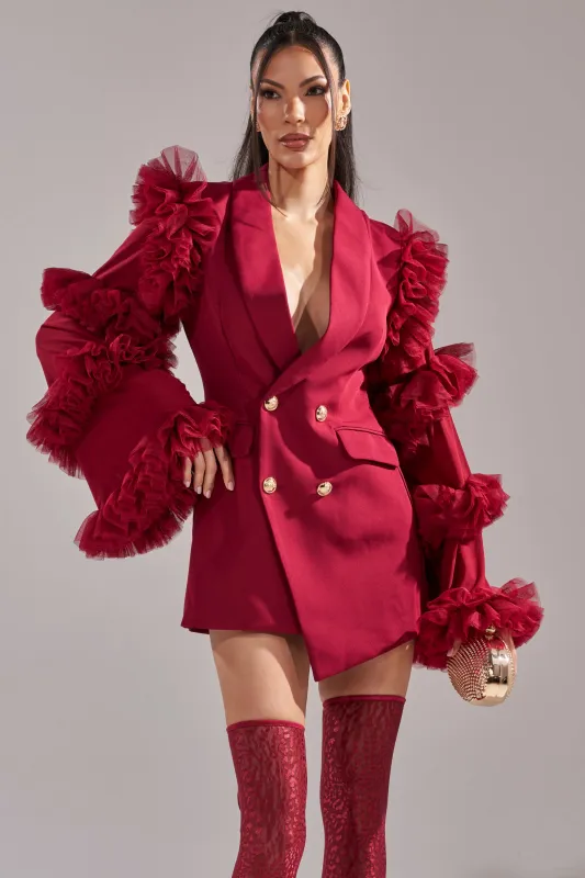 LIVING OVER THE TOP RUFFLE SLEEVE BLAZER MINI DRESS IN BURGUNDY sold by AKIRA