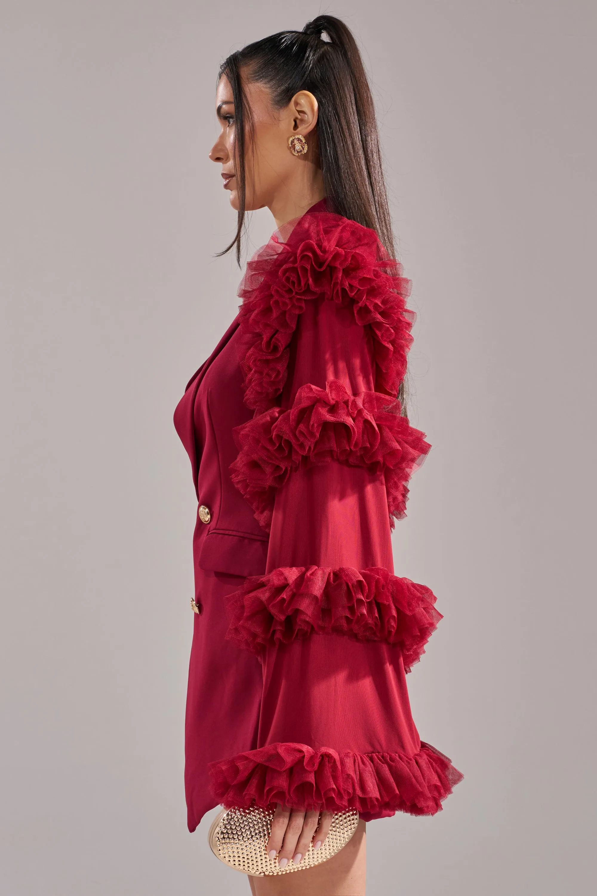 LIVING OVER THE TOP RUFFLE SLEEVE BLAZER MINI DRESS IN BURGUNDY sold by AKIRA product image thumbnail 4