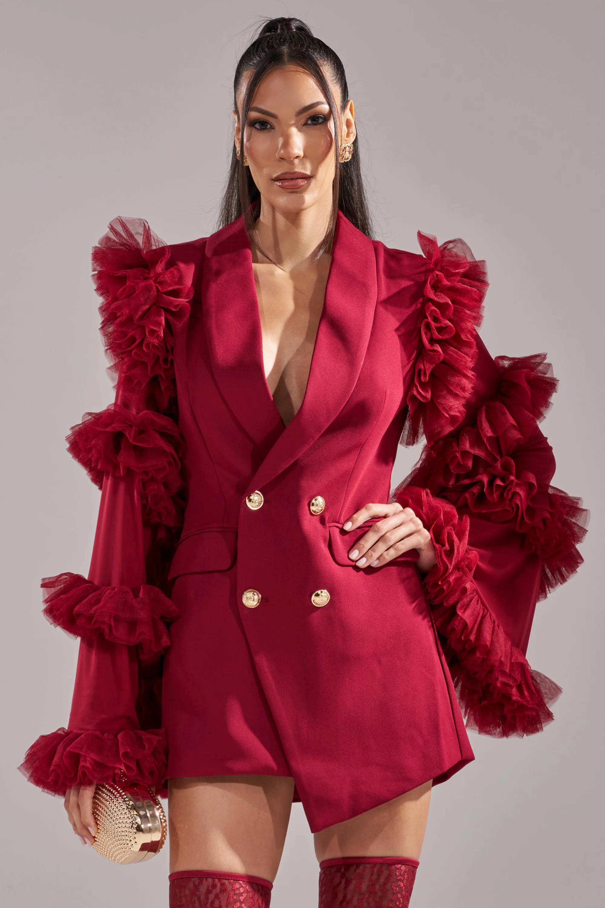 LIVING OVER THE TOP RUFFLE SLEEVE BLAZER MINI DRESS IN BURGUNDY sold by AKIRA product image thumbnail 2