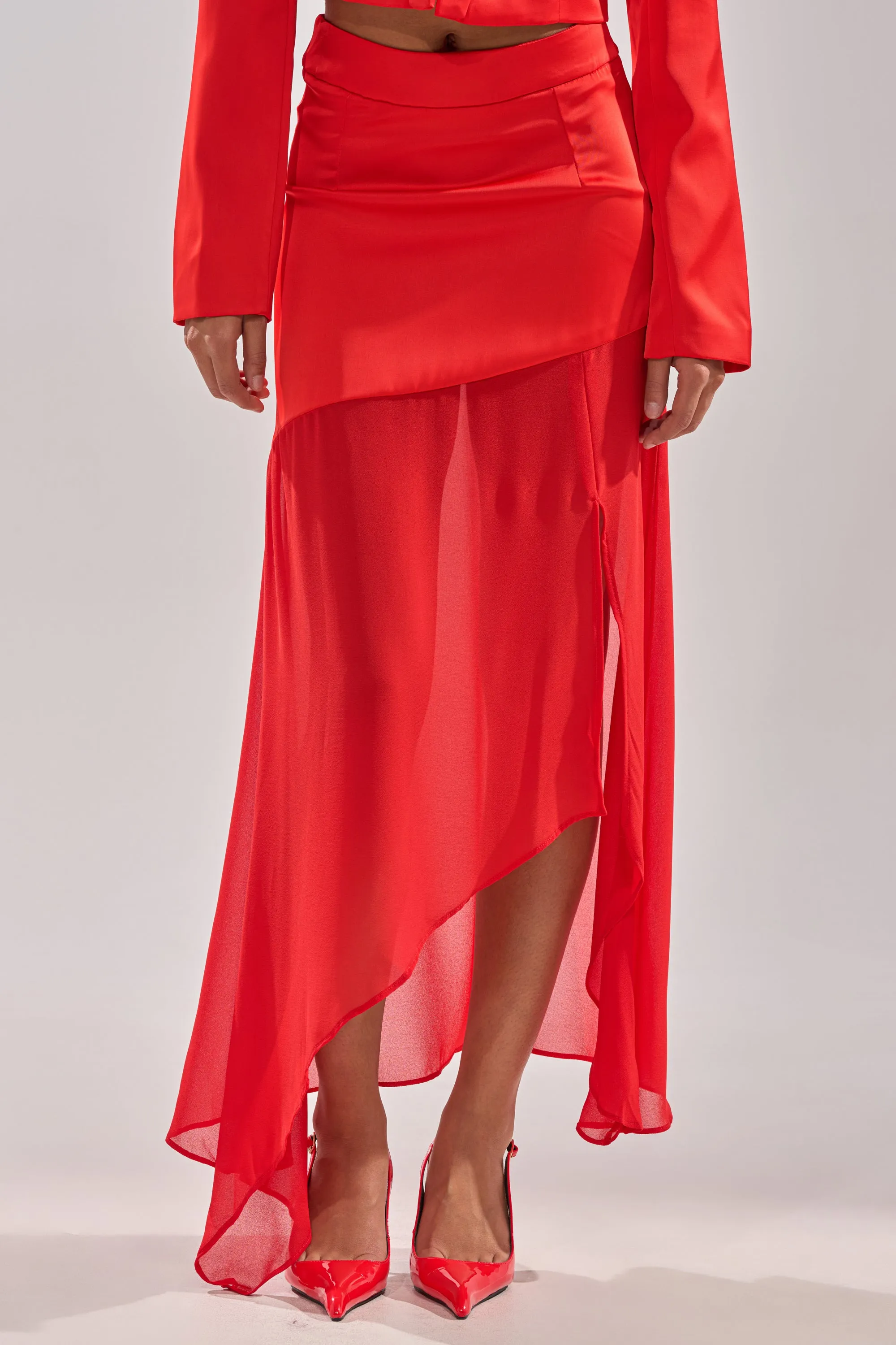 RED HOT ASYMMETRICAL MIDI SKIRT sold by AKIRA product image thumbnail 2