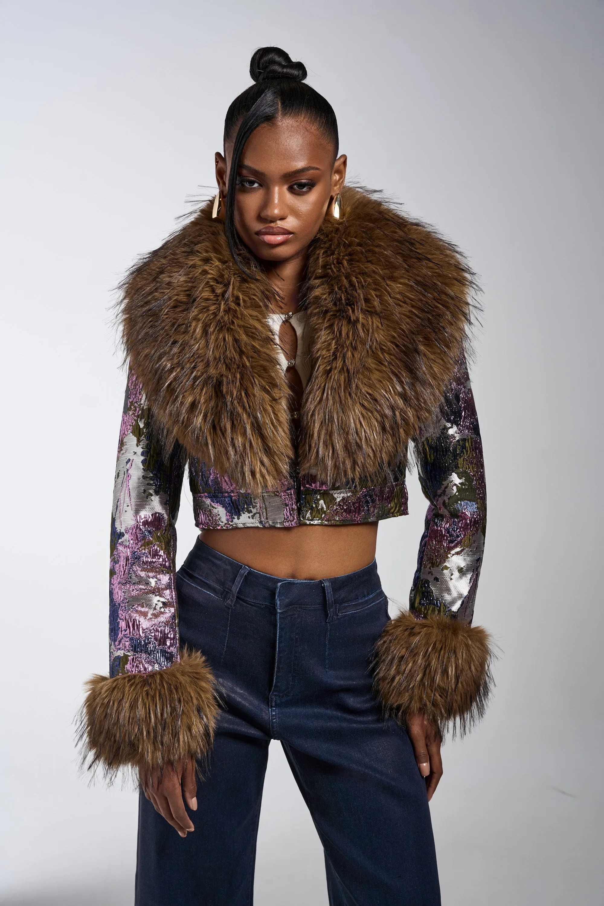 GISELE FUR TRIM MOTO IN BROCADE sold by AKIRA product image thumbnail 5