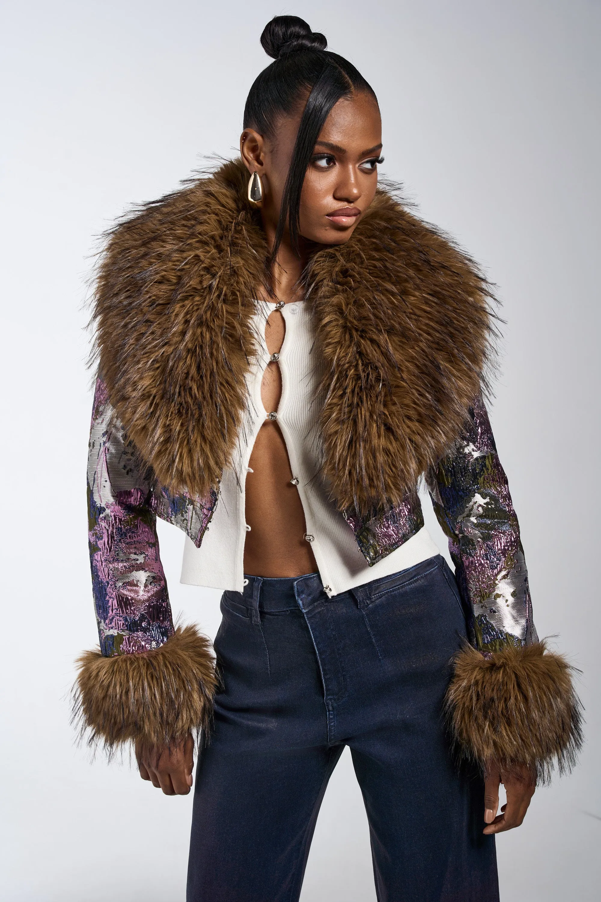 GISELE FUR TRIM MOTO IN BROCADE sold by AKIRA product image thumbnail 3