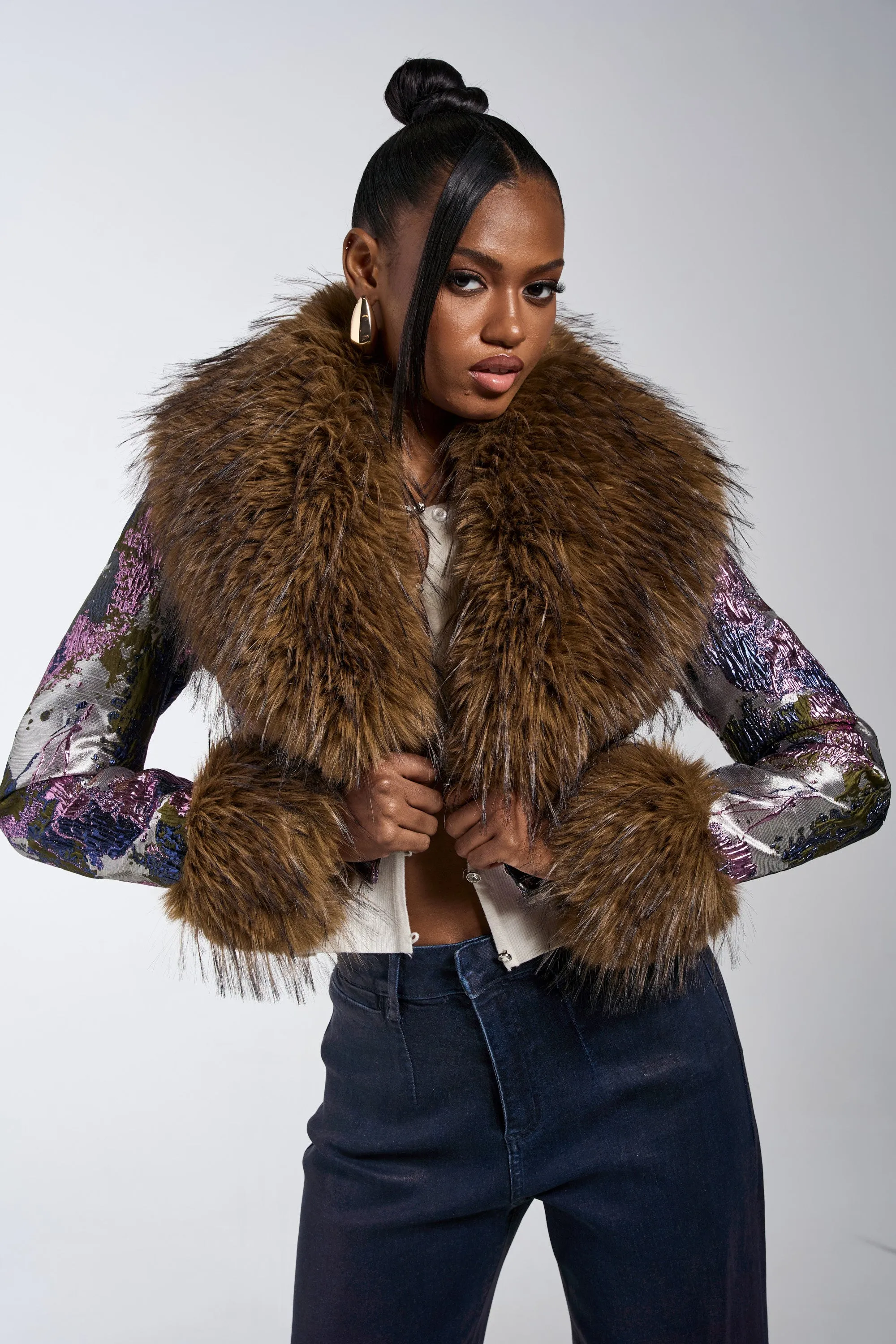 GISELE FUR TRIM MOTO IN BROCADE sold by AKIRA product image thumbnail 2