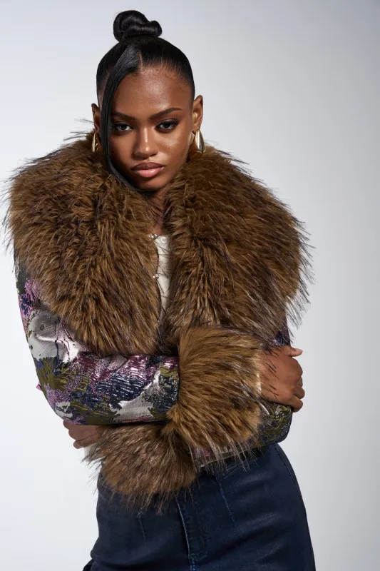 GISELE FUR TRIM MOTO IN BROCADE sold by AKIRA