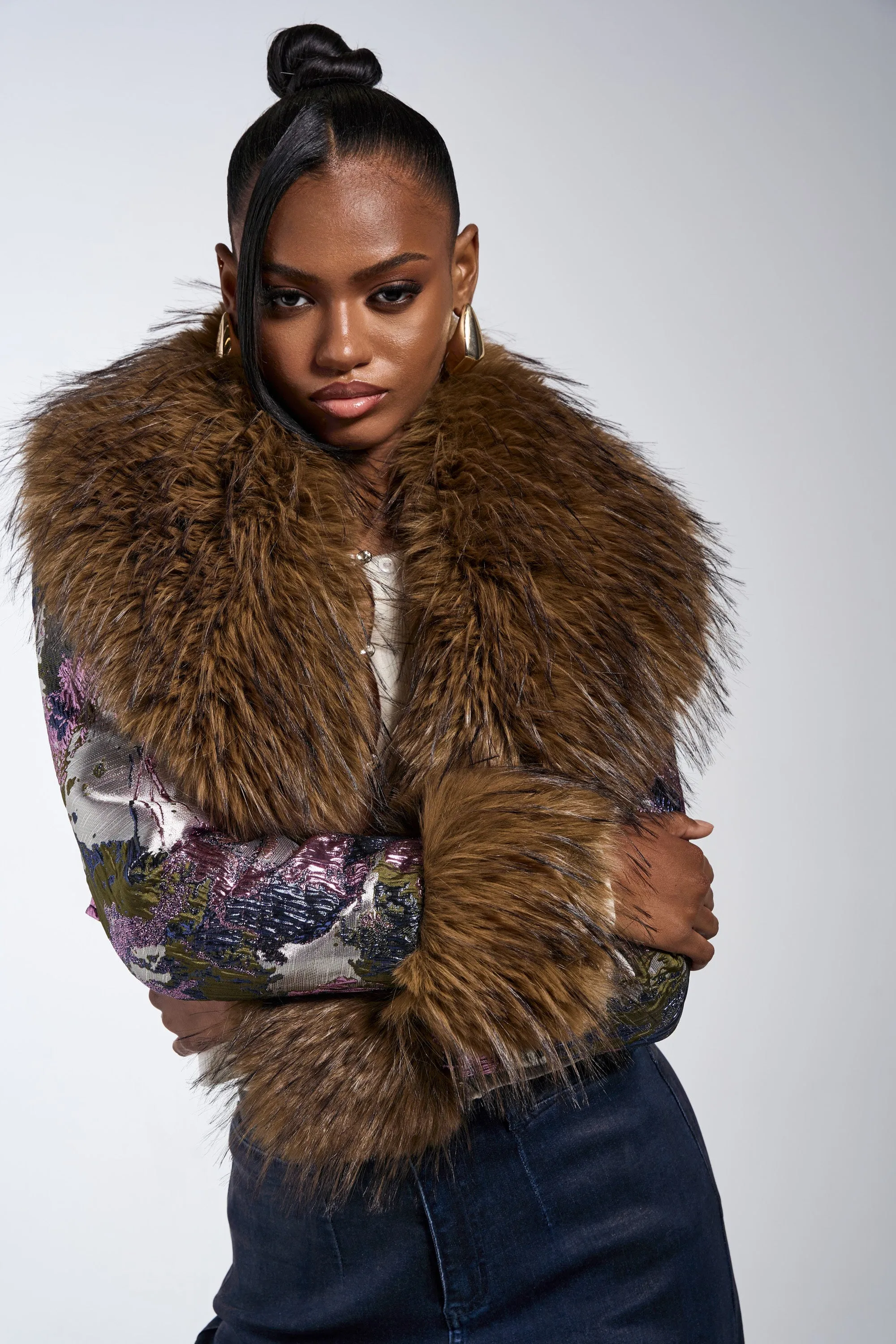 GISELE FUR TRIM MOTO IN BROCADE sold by AKIRA