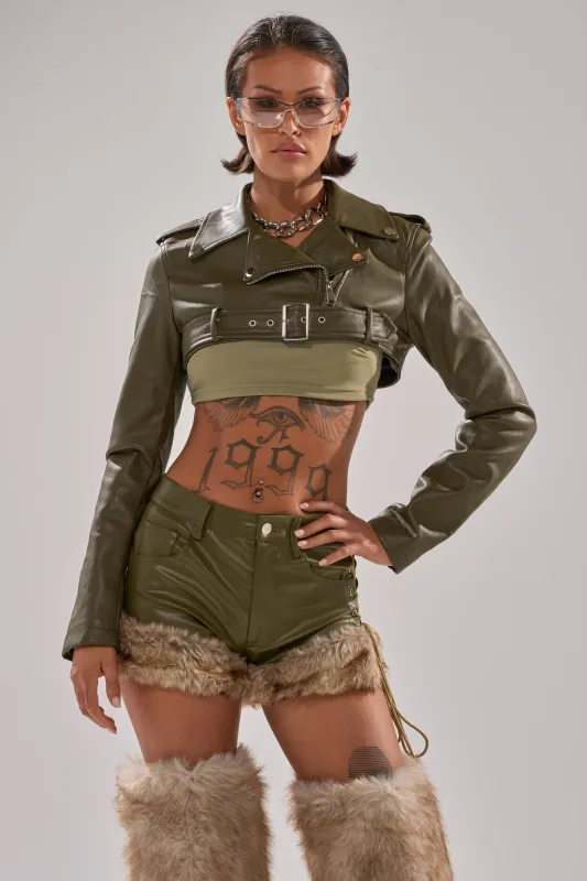 HARLEY LUXE ULTRA CROP MOTO IN OLIVE sold by AKIRA