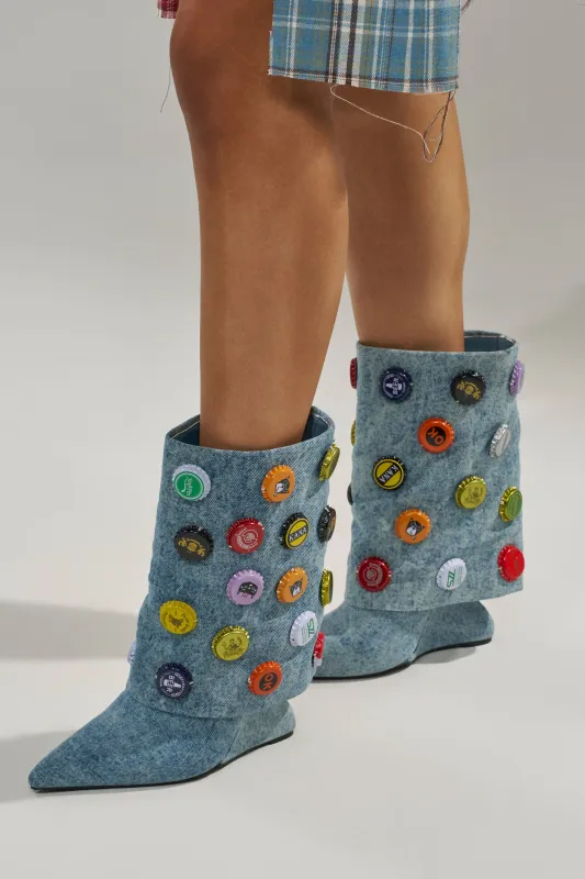 AZALEA WANG EAVEN WEDGE EMBELLISHED DENIM BOOTIE sold by AKIRA