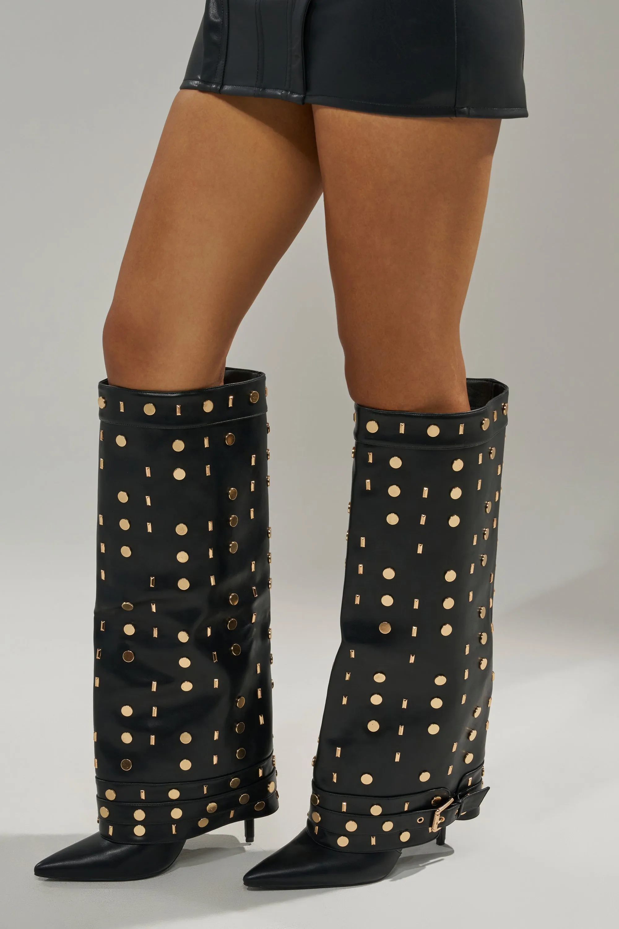 AZALEA WANG ANISSA BLACK MULTI GOLD HARDWARE STILETTO BOOT sold by AKIRA