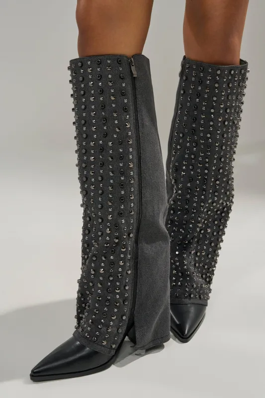 AZALEA WANG AGUSTUE BLACK STUDDED WESTERN BOOT sold by AKIRA