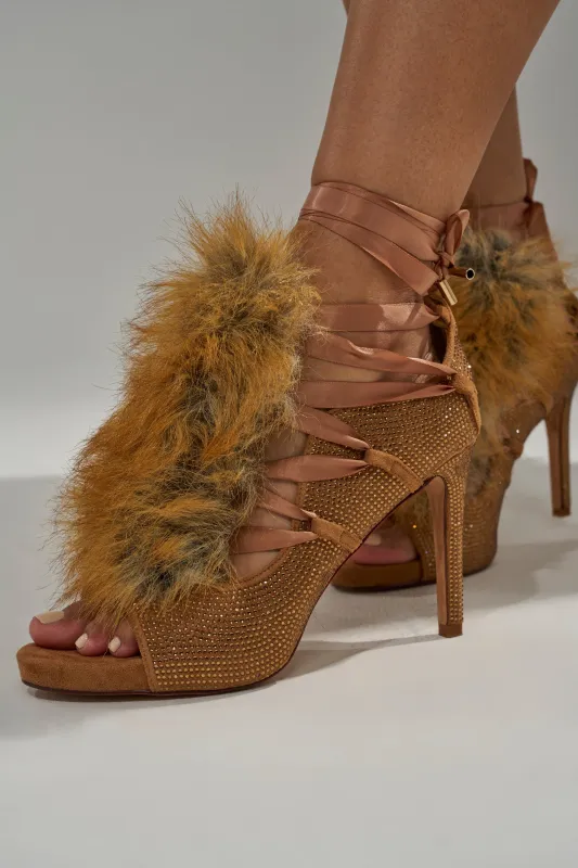 AZALEA WANG MADHAV BRONZE RHINESTONE AND FOX FUR SANDAL sold by AKIRA