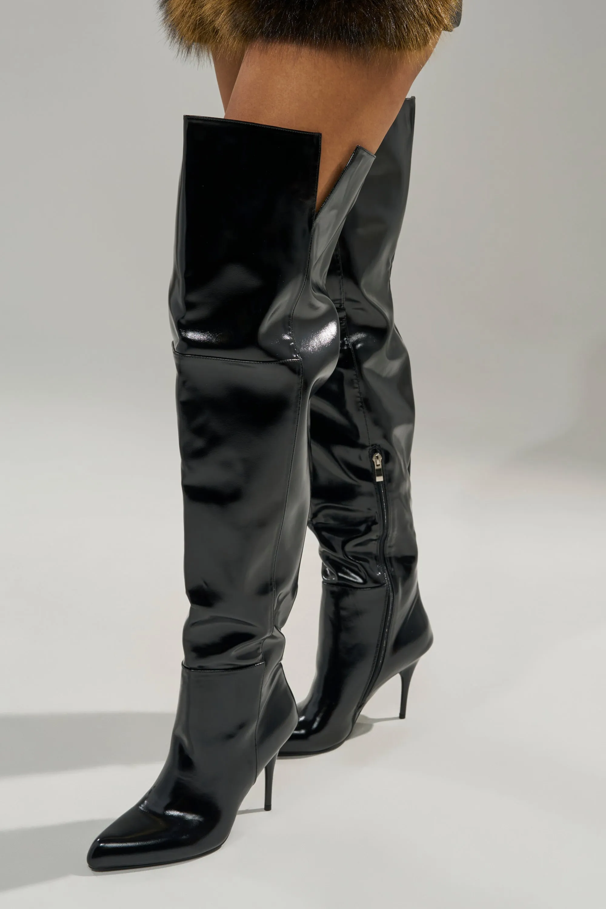 AZALEA WANG SUNSHINE THIGH HIGH BLACK PU STILETTO BOOT sold by AKIRA